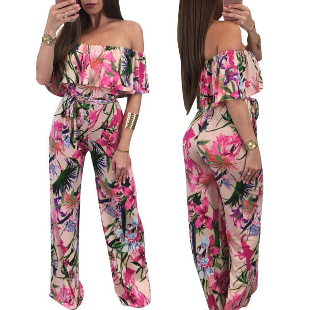 Hot sale floral pattern ruffle off shouler wide leg women jumpsuit