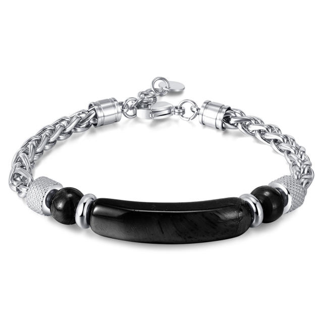 Vintage stainless steel chain tiger eye bead bracelet for men