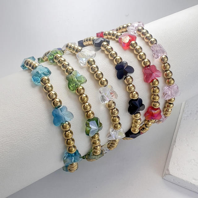 Boho colorful crystal butterfly stainless steel bead elastic bracelet