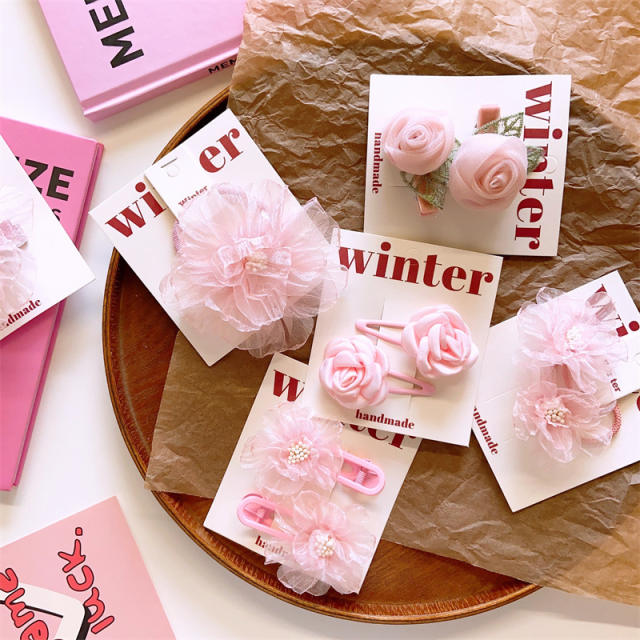 Korean fashion sweet pink color flower hair clips set for kids