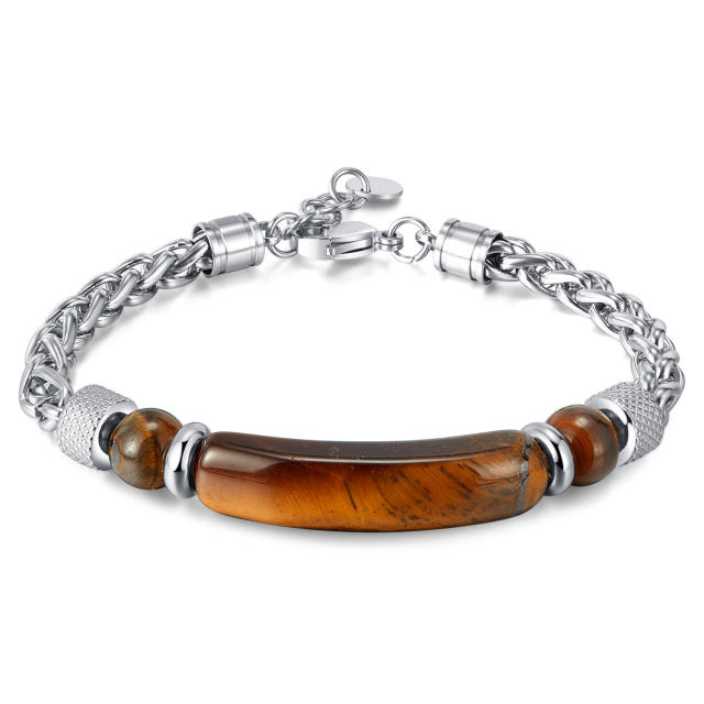 Vintage stainless steel chain tiger eye bead bracelet for men