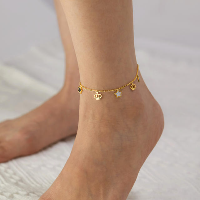 Korean fashion black white star crown charm stainless steel anklet