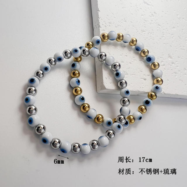 Boho colorful evil eye stainless steel bead elastic bracelet