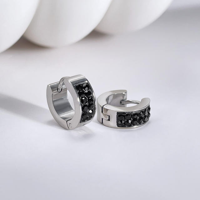 Chic black cubic zircon stainless steel huggie earrings for men