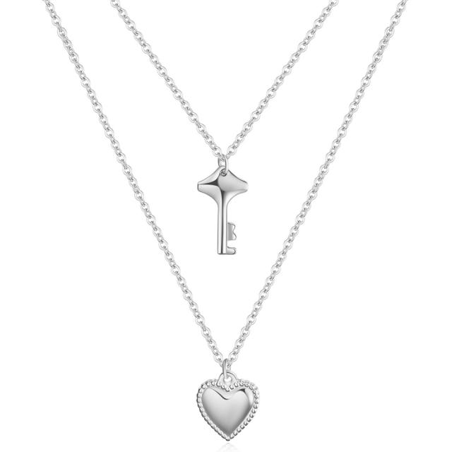 Korean fashion two layer heart key charm stainless steel necklace