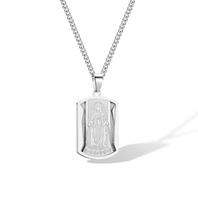 Vintage silver color virgin mary dog tag pendant stainless steel necklace