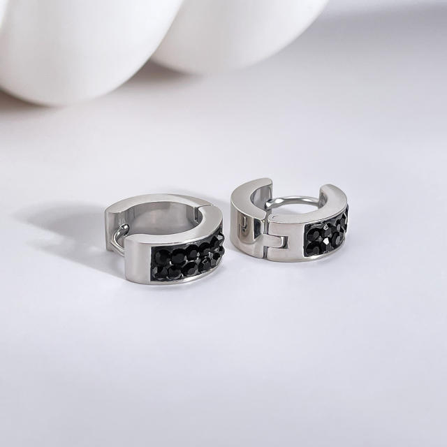 Chic black cubic zircon stainless steel huggie earrings for men