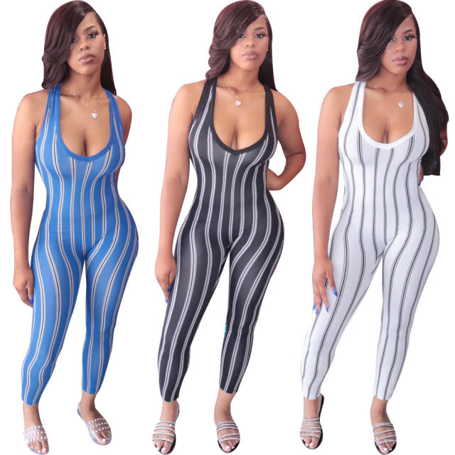 Sexy striped pattern tight women jumpsuit