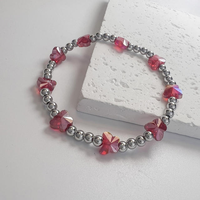 Boho colorful crystal butterfly stainless steel bead elastic bracelet