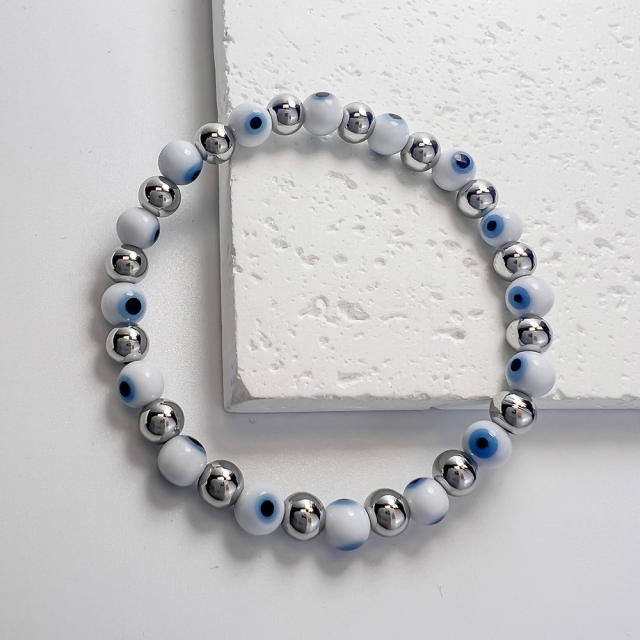 Boho colorful evil eye stainless steel bead elastic bracelet