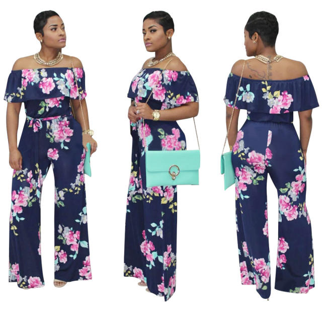 Hot sale floral pattern ruffle off shouler wide leg women jumpsuit