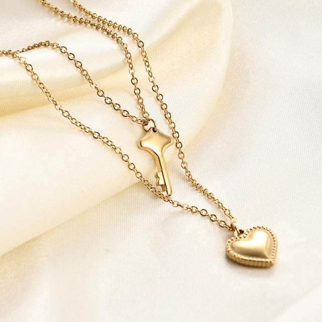 Korean fashion two layer heart key charm stainless steel necklace