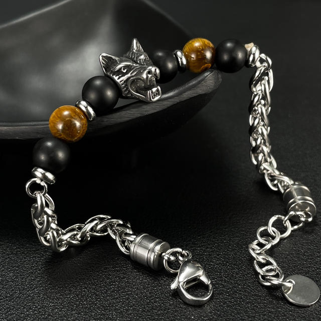 Vintage punk wolf head tiger tye bead stainless steel bracelet for men