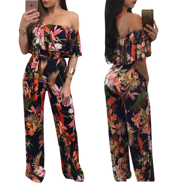 Hot sale floral pattern ruffle off shouler wide leg women jumpsuit