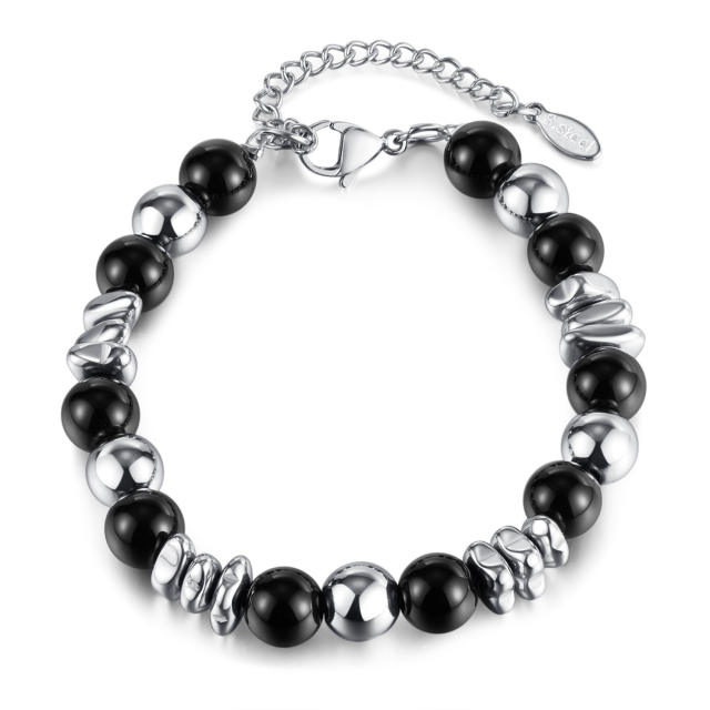 Black agate bead stainless steel chain bracelet for men women