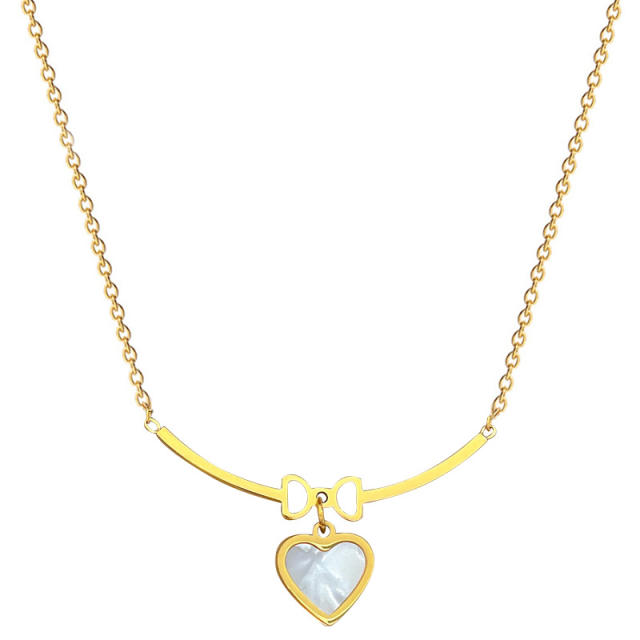 Delicate mother shell heart cute bow dainty stainless steel necklace