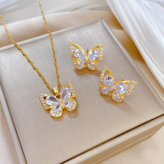Dainty diamond butterfly stainless steel chain necklace set