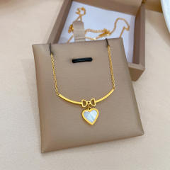 Delicate mother shell heart cute bow dainty stainless steel necklace