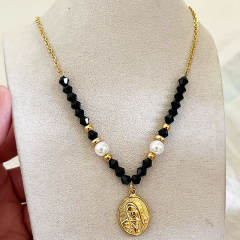 Handmade black bead pearl bead coin pendant stainless steel necklace
