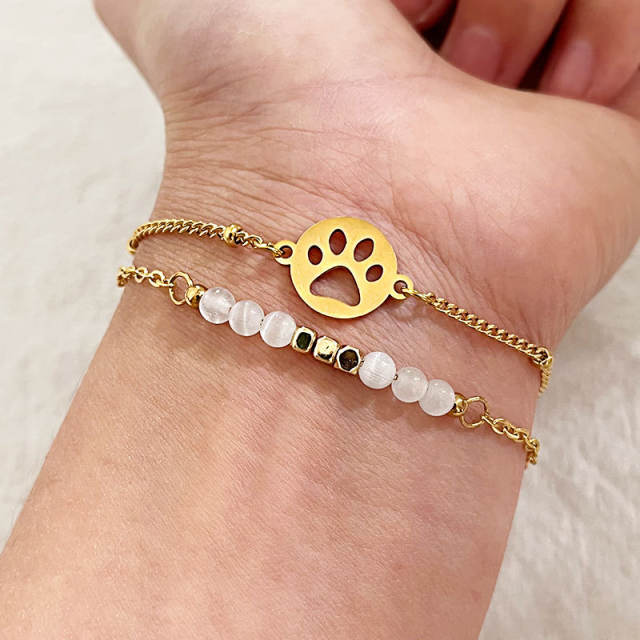Dainty two layer cute pet claws opal stone bead stainless steel bracelet
