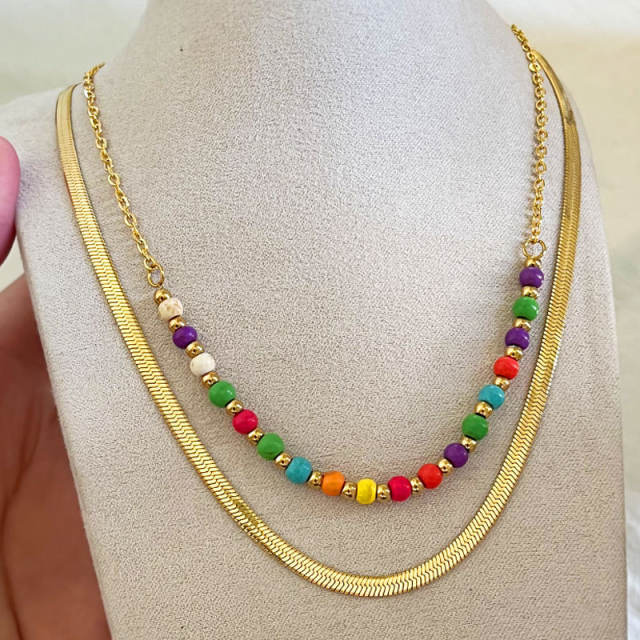 Summer colorful bead snake chain two layer stainless steel necklace