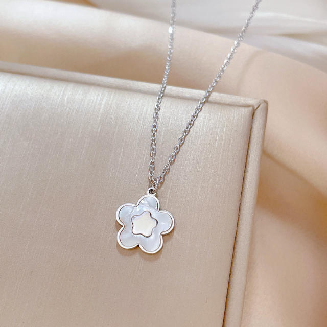 Dainty mother shell five petal flower pendant stainless steel necklace