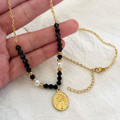 Handmade black bead pearl bead coin pendant stainless steel necklace