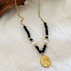 Handmade black bead pearl bead coin pendant stainless steel necklace