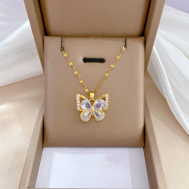 Dainty diamond butterfly stainless steel chain necklace set