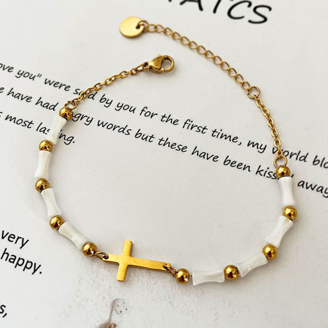 Holiday tiny side cross bamboo bead stainless steel bracelet