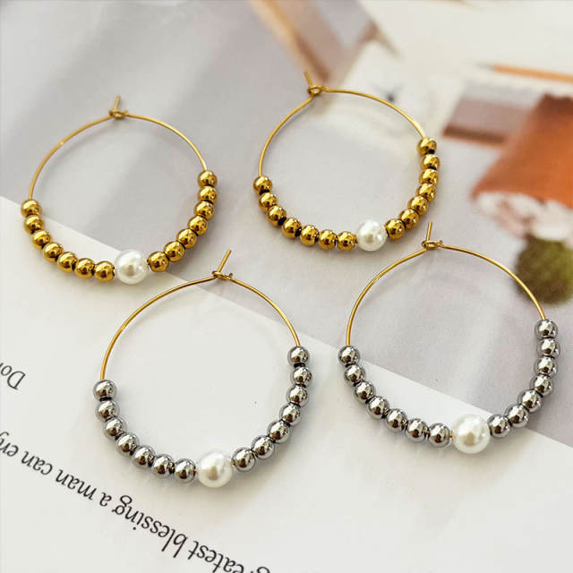 Concise pearl bead stainless steel hoop earrings