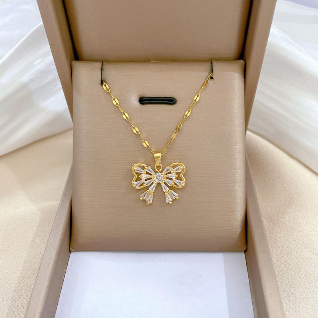 Dainty diamond bow stainless steel chain necklace set