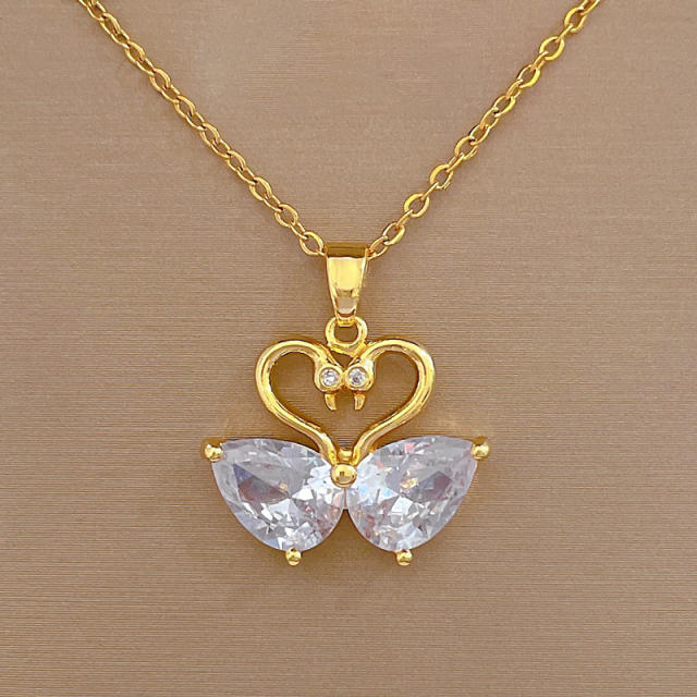 Dainty swan heart diamond stainless steel chain necklace set