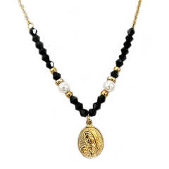 Handmade black bead pearl bead coin pendant stainless steel necklace