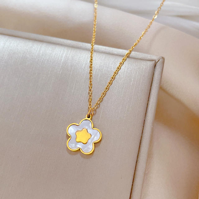 Dainty mother shell five petal flower pendant stainless steel necklace