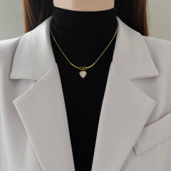 Delicate mother shell heart cute bow dainty stainless steel necklace