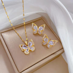 Dainty diamond butterfly stainless steel chain necklace set