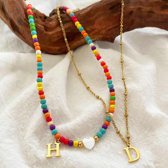 INS boho colorful seed bead initial letter stainless steel necklace