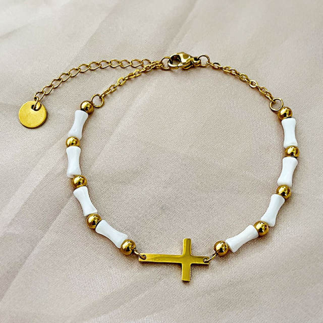 Holiday tiny side cross bamboo bead stainless steel bracelet