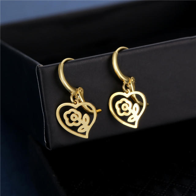 Creative hollow out flower heart stainless steel earrings