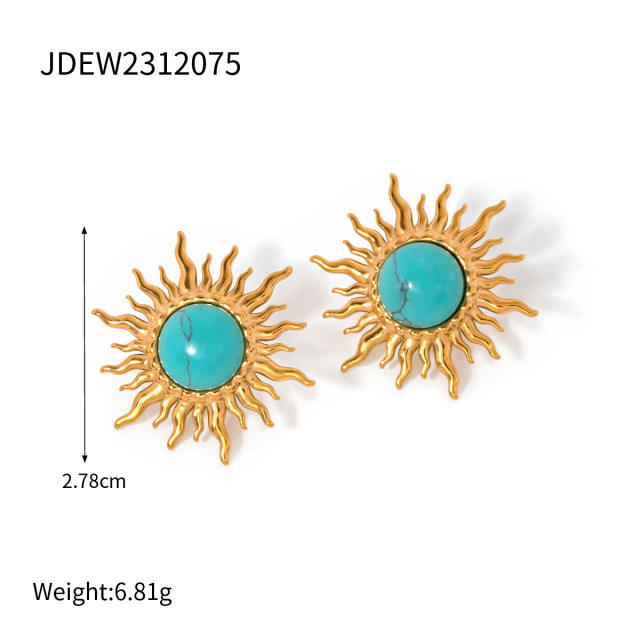 18KG personality sunflower turquoised bead stainless steel earrings