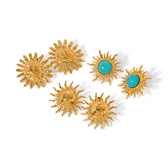 18KG personality sunflower turquoised bead stainless steel earrings
