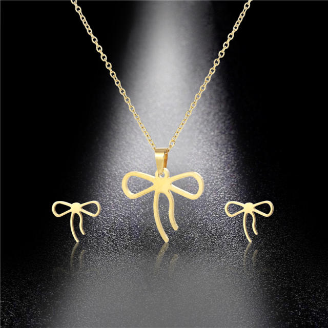Cute hollow bow dainty stainless steel necklace set