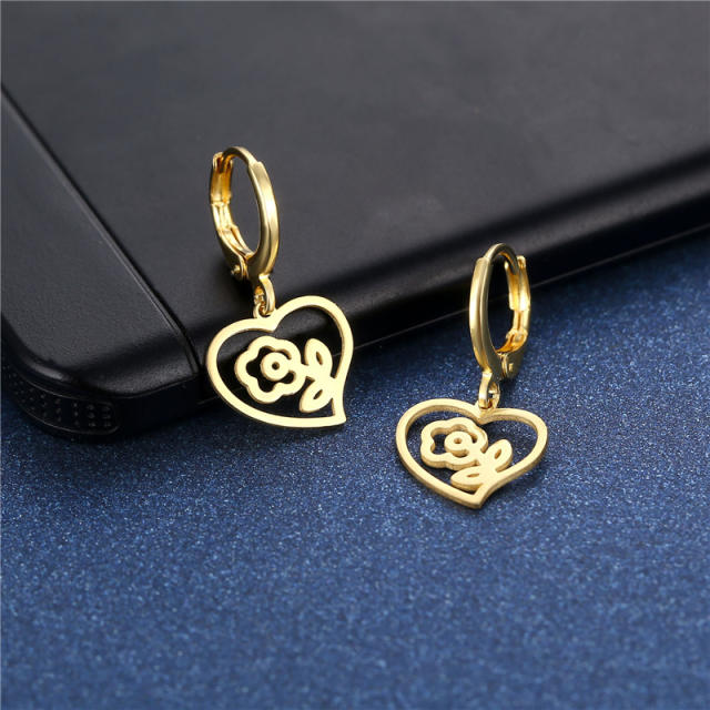Creative hollow out flower heart stainless steel earrings