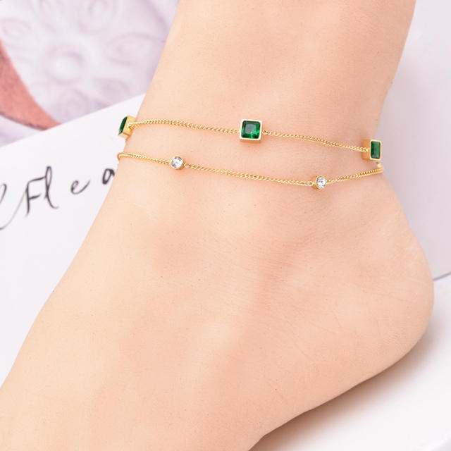 Elegant two layer emerald statement stainless steel anklet