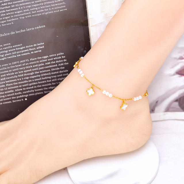 Korean fashion pearl bead clover stainless steel anklet