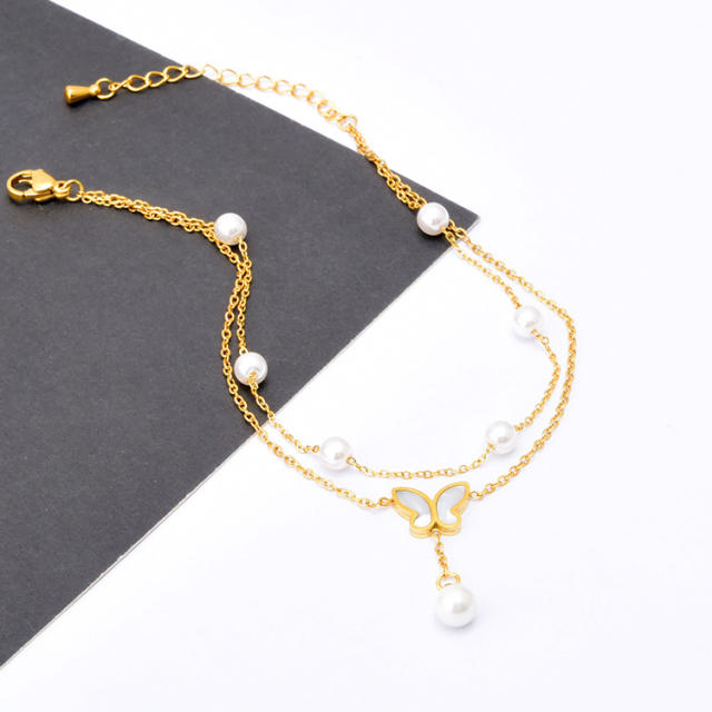 Korean fashion two layer pearl bead butterfly stainless steel anklet