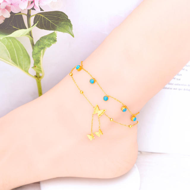 Boho turquoise bead butterfly life tree stainless steel anklet