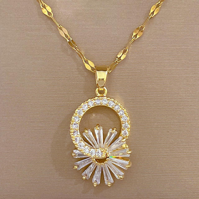 Delicate diamond daisy flower pendant stainless steel chain necklace set