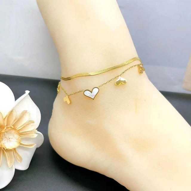 Sweet two layer snake chain heart stainless steel anklet